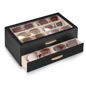 Black Two-Tier Sunglass Organizer Display Box with Gold Handles